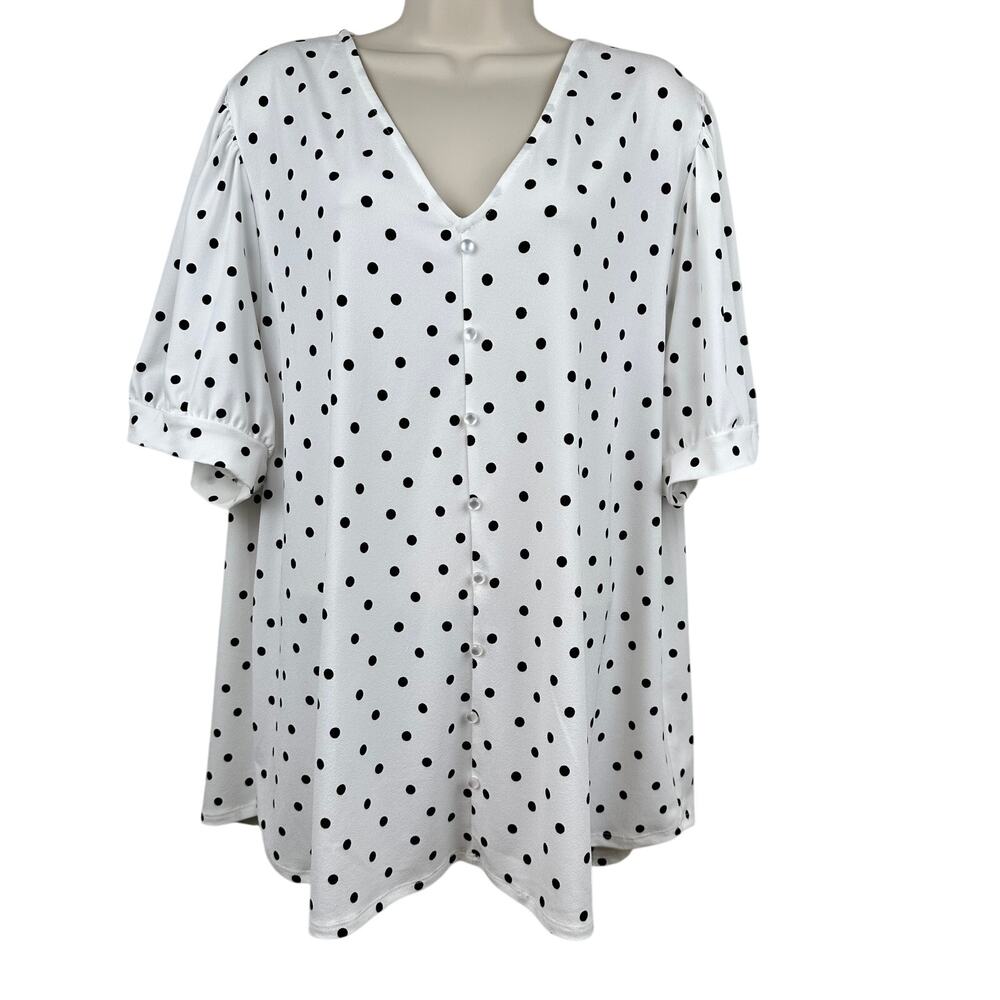 NEW Adrianna Papell Knit Blouse Top Polka Dot Button Detail Ivory Black 3X